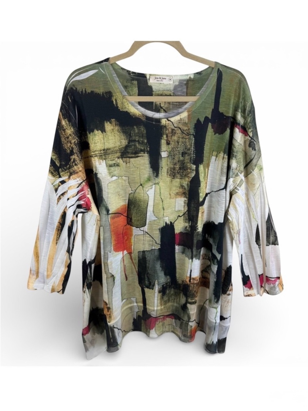 Jess & Jane Womens 3X Abstract Watercolor Print 3/4 Sleeve Top Green Made In USA